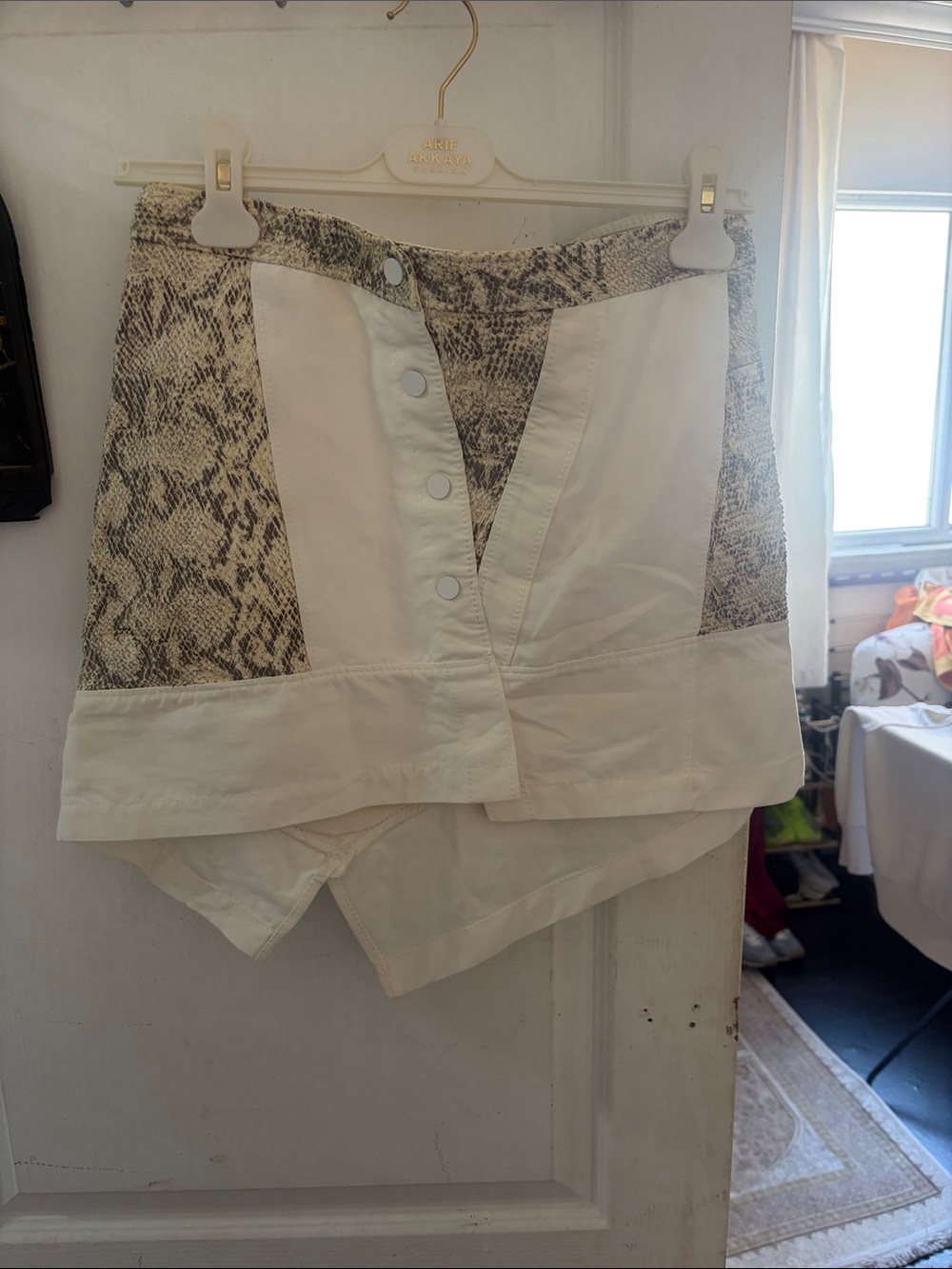 Cream Two-Tone Panel Mini Skirt with Snake-Print Accents